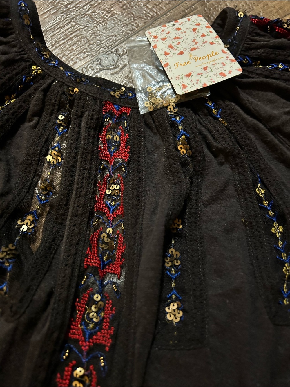 Free People Embroidered Boho Flowy Sequin & Mesh Detail — Washed Black Color - Picture 2 of 9